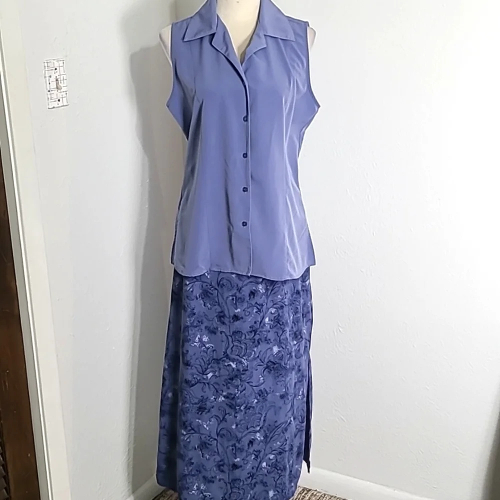 Kathie Lee Collection Blue Sleeveless Top & Blue Print Maxi-Skirt-Large Skirt 14